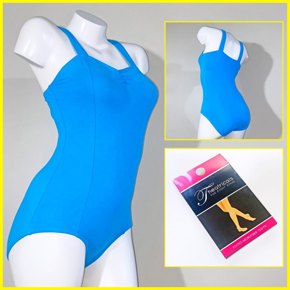 NEW THEATRICALS BUNDLE - XL TURQUOISE CAMI LEOTARD & L LT SUNTAN FOOTED TIGHTS